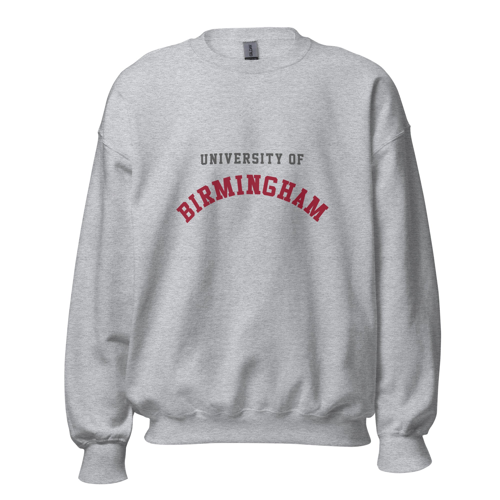 Unisex heather gray sweatshirt featuring University of Birmingham logo printed across the front chest