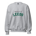 Unisex heather gray sweatshirt featuring University of Leeds logo printed across the front chest