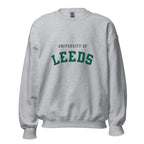 Unisex heather gray sweatshirt featuring University of Leeds logo printed across the front chest
