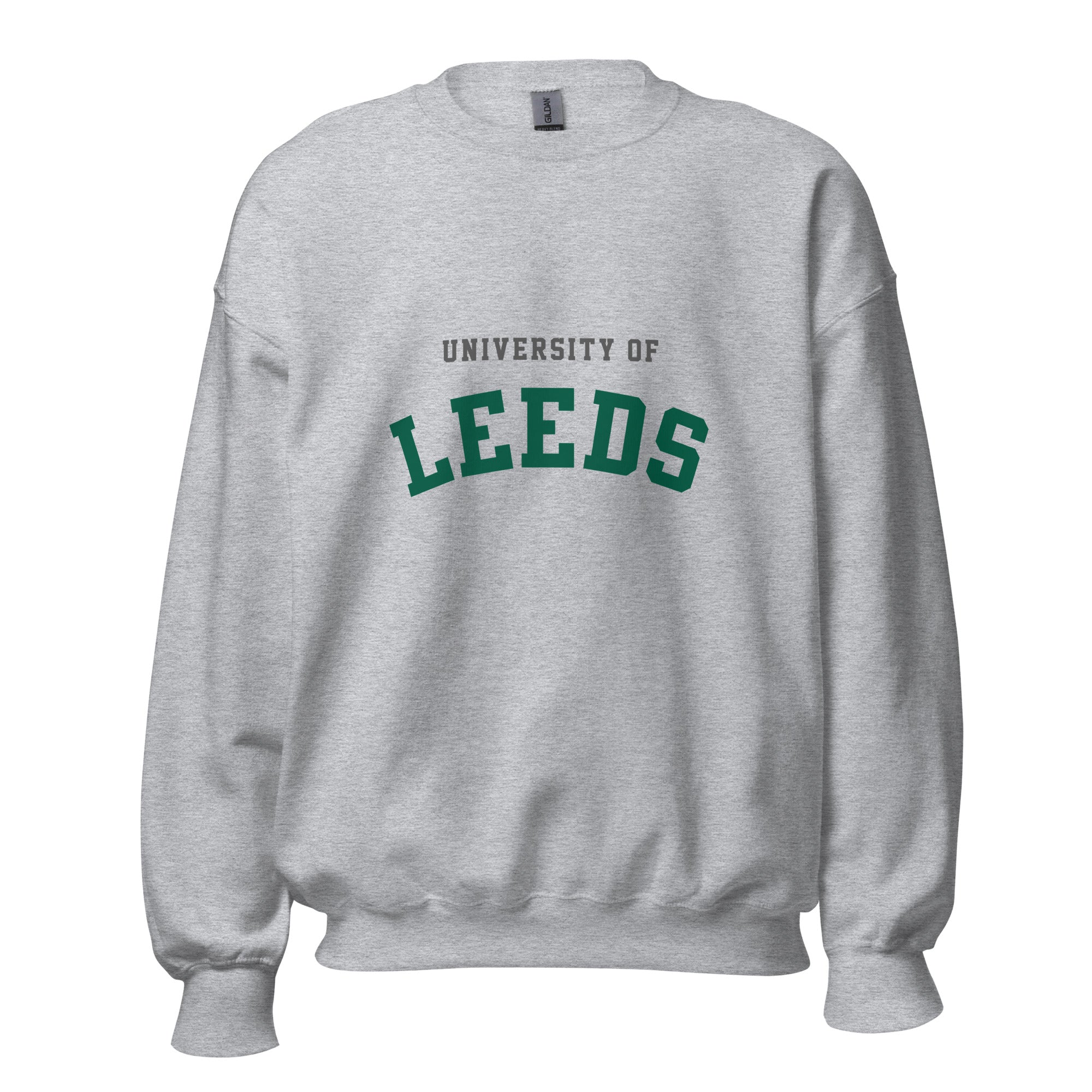 Unisex heather gray sweatshirt featuring University of Leeds logo printed across the front chest