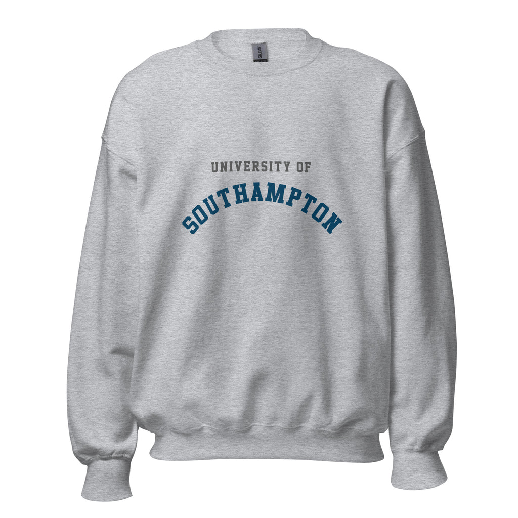 Unisex heather gray sweatshirt featuring University of Southampton logo printed across the front chest