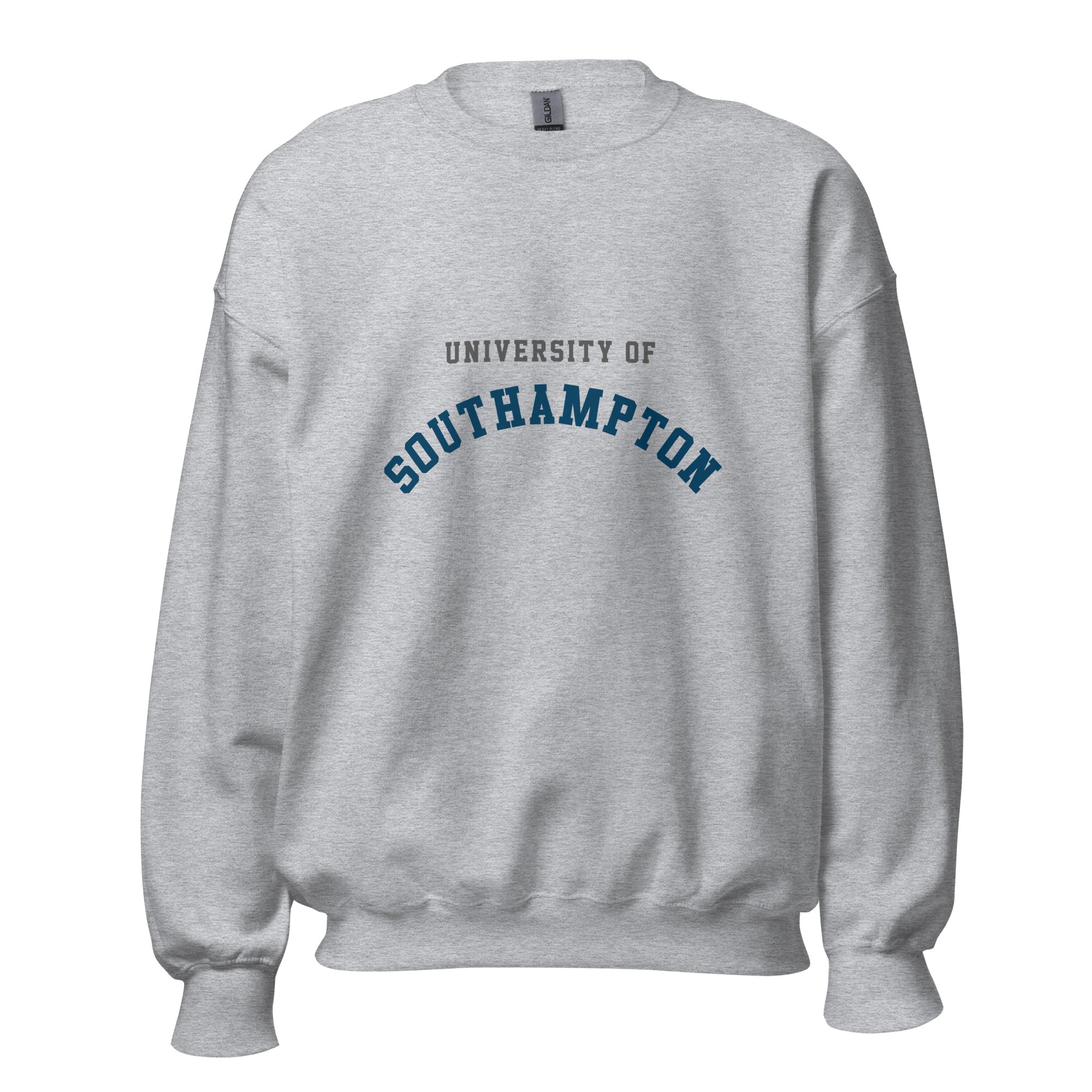 Unisex heather gray sweatshirt featuring University of Southampton logo printed across the front chest