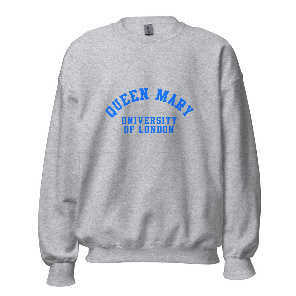 Unisex heather gray sweatshirt featuring Queen Mary University of London logo printed across the front chest