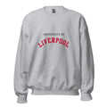 Unisex heather gray sweatshirt featuring University of Liverpool logo printed across the front chest