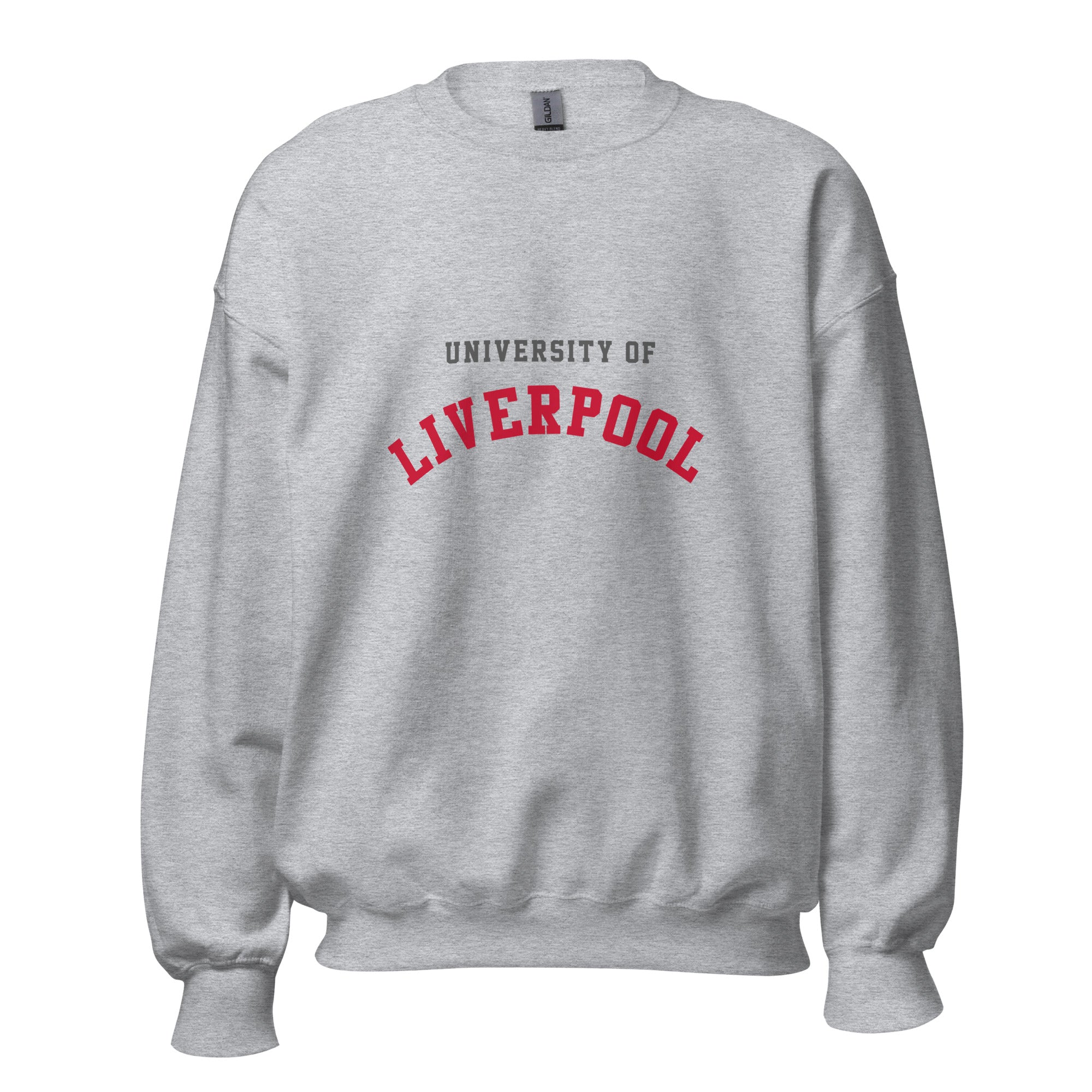 Unisex heather gray sweatshirt featuring University of Liverpool logo printed across the front chest
