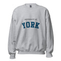Unisex heather gray sweatshirt featuring University of York logo printed across the front chest