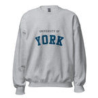 Unisex heather gray sweatshirt featuring University of York logo printed across the front chest