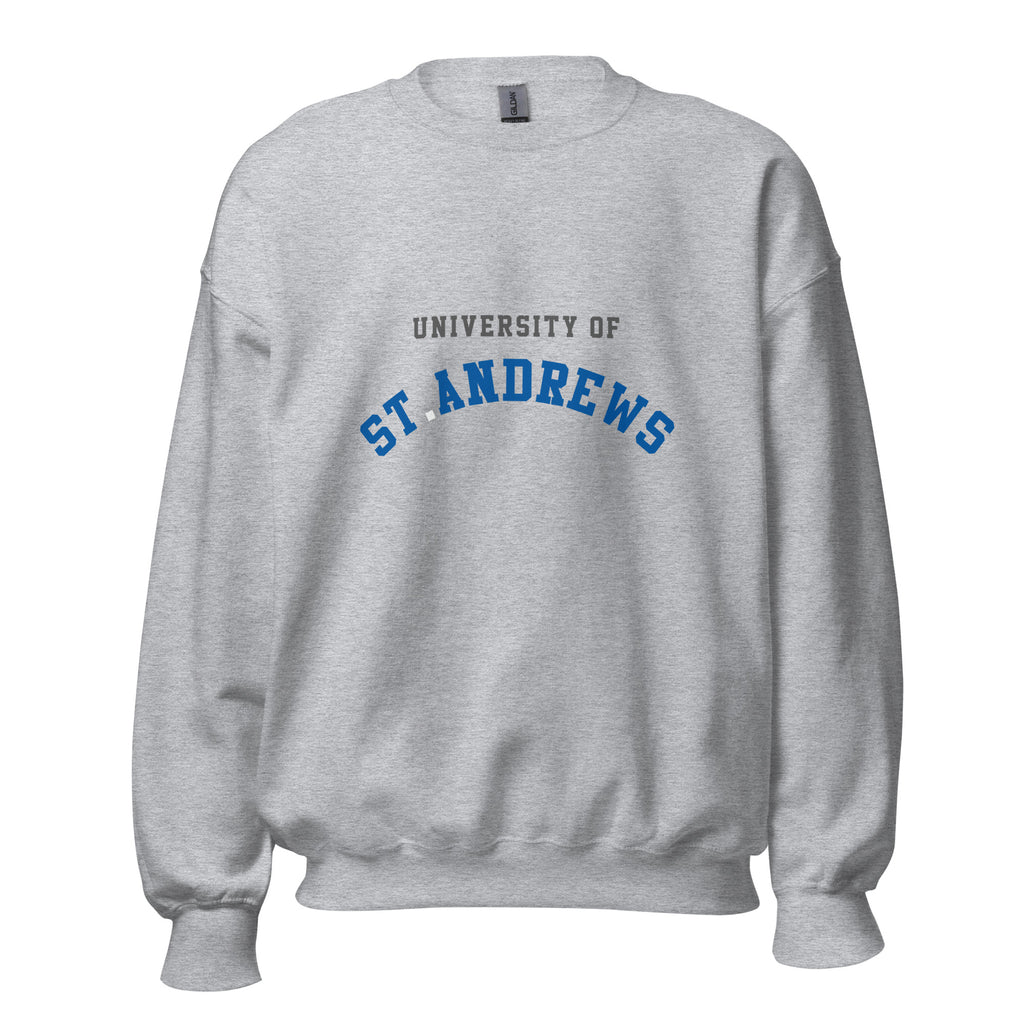 Unisex heather gray sweatshirt featuring University of St Andrews logo printed across the front chest