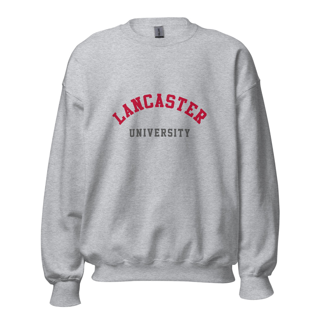 Unisex heather gray sweatshirt featuring Lancaster University logo printed across the front chest