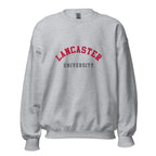 Unisex heather gray sweatshirt featuring Lancaster University logo printed across the front chest
