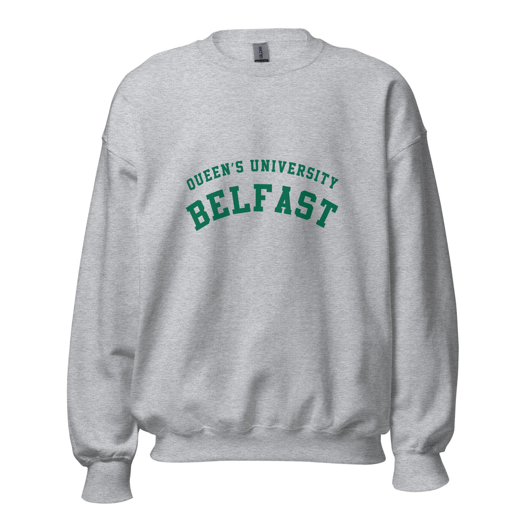 Unisex heather gray sweatshirt featuring Queen's University Belfast logo printed across the front chest