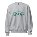 Unisex heather gray sweatshirt featuring Queen's University Belfast logo printed across the front chest