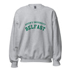 Unisex heather gray sweatshirt featuring Queen's University Belfast logo printed across the front chest
