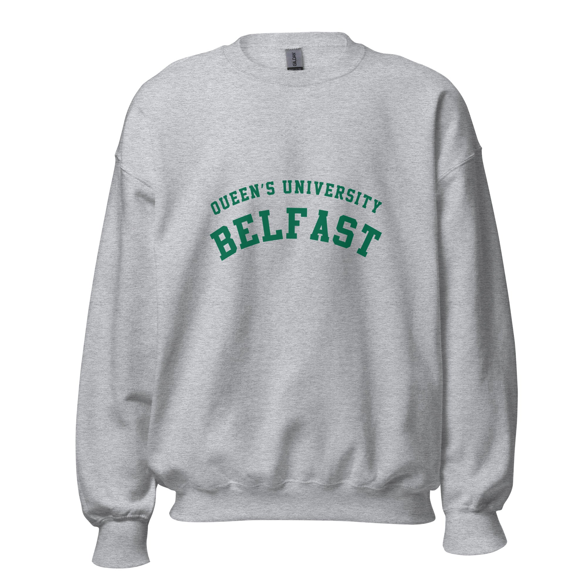 Unisex heather gray sweatshirt featuring Queen's University Belfast logo printed across the front chest