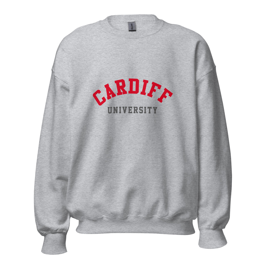 Unisex black sweatshirt featuring Cardiff University logo printed across the front chest