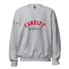 Unisex black sweatshirt featuring Cardiff University logo printed across the front chest