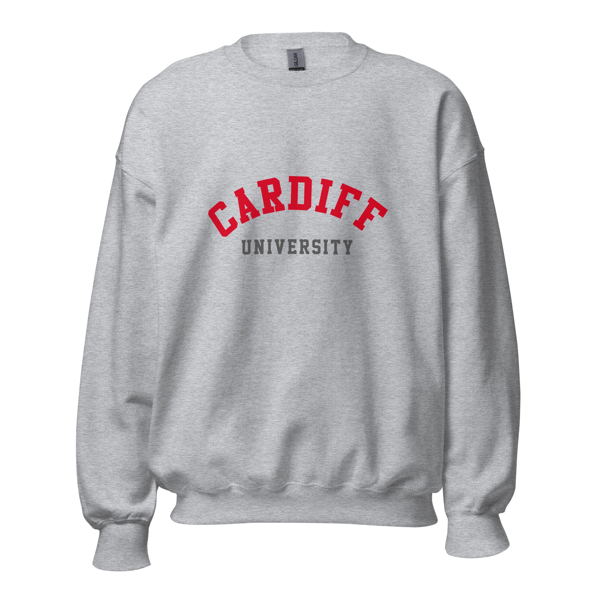 Unisex black sweatshirt featuring Cardiff University logo printed across the front chest