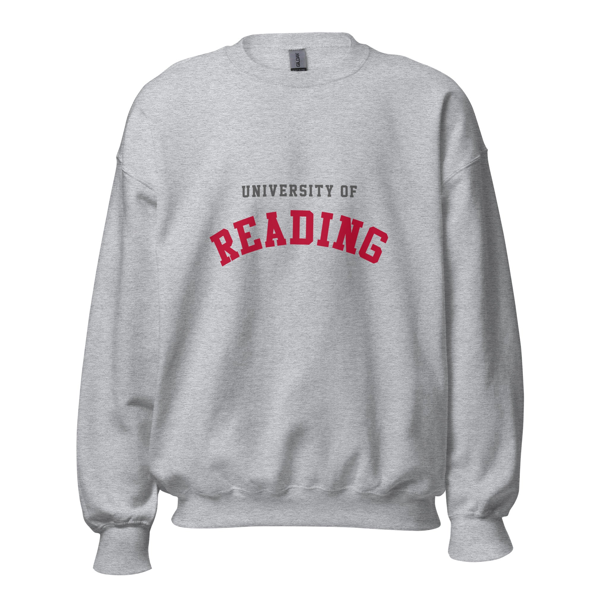 Unisex heather gray sweatshirt featuring University of Reading logo printed across the front chest
