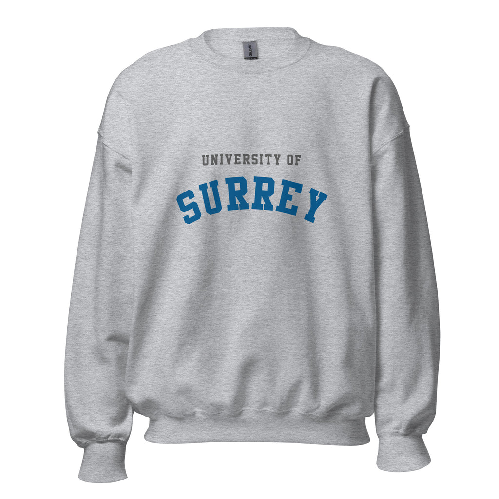 Unisex heather gray sweatshirt featuring University of Surrey logo printed across the front chest