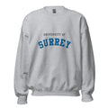 Unisex heather gray sweatshirt featuring University of Surrey logo printed across the front chest