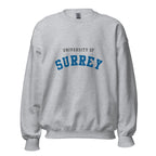 Unisex heather gray sweatshirt featuring University of Surrey logo printed across the front chest