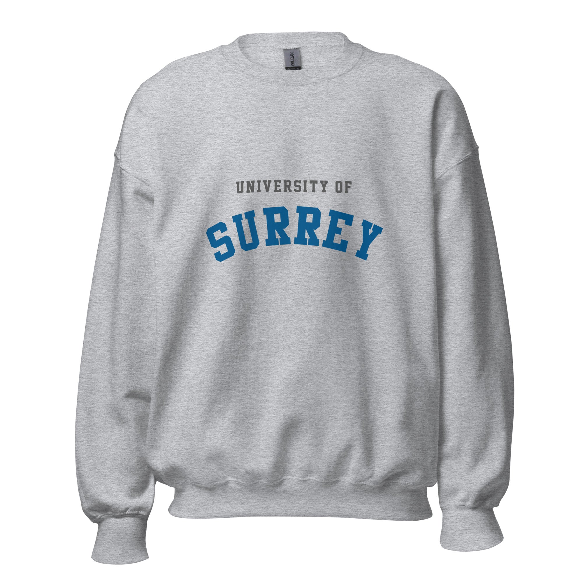Unisex heather gray sweatshirt featuring University of Surrey logo printed across the front chest
