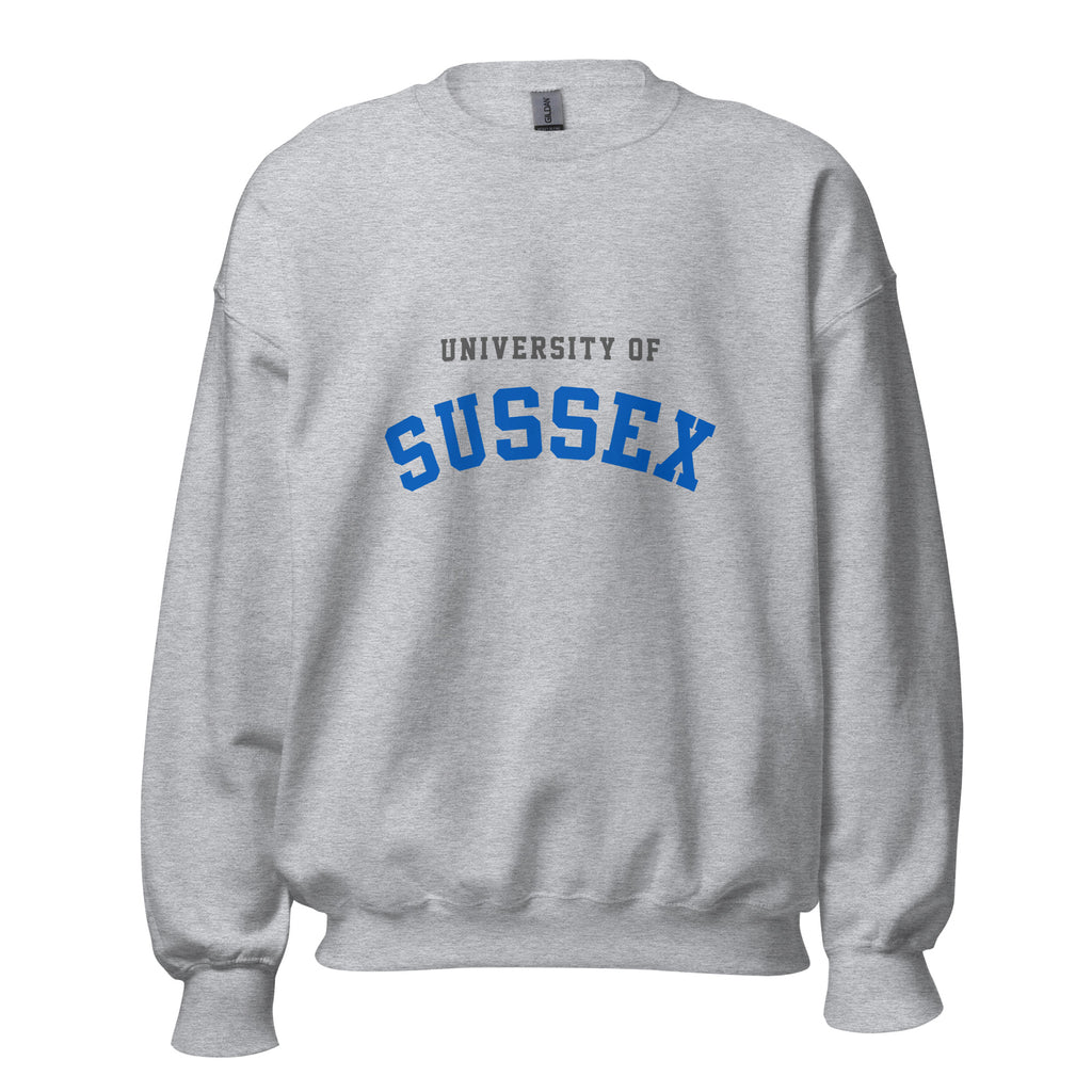 Unisex heather gray sweatshirt featuring University of Sussex logo printed across the front chest