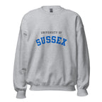 Unisex heather gray sweatshirt featuring University of Sussex logo printed across the front chest