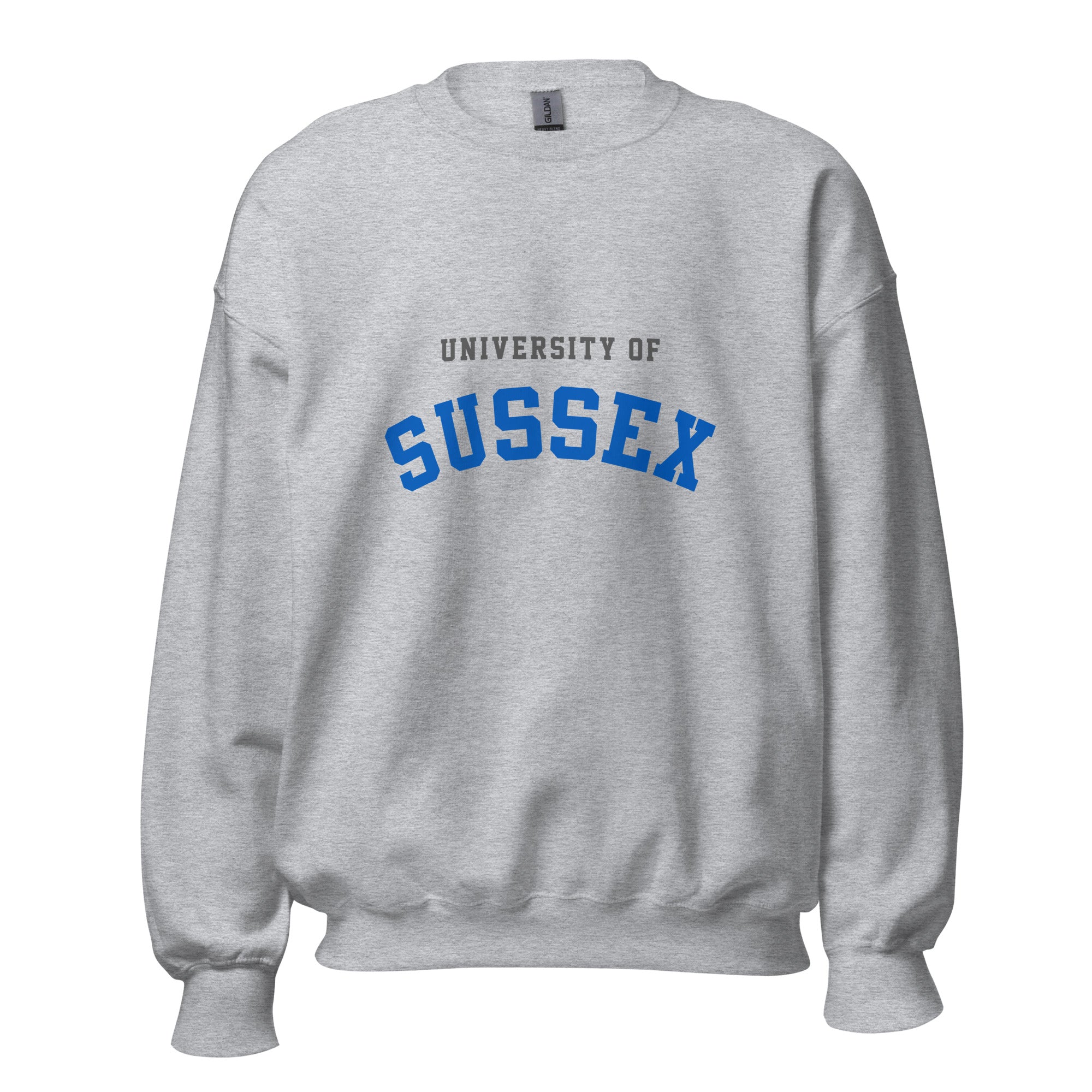 Unisex heather gray sweatshirt featuring University of Sussex logo printed across the front chest