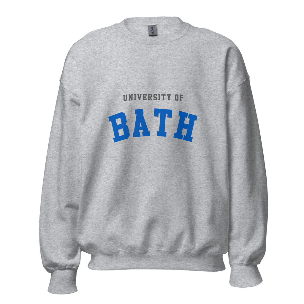 Unisex heather gray sweatshirt featuring University of Bath logo printed across the front chest