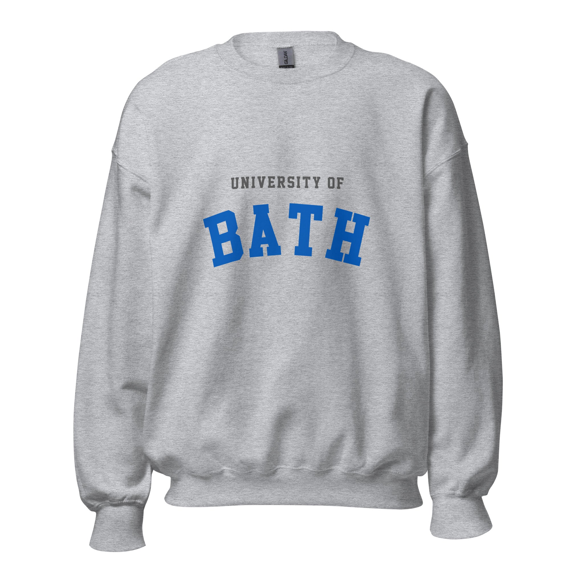 Unisex heather gray sweatshirt featuring University of Bath logo printed across the front chest