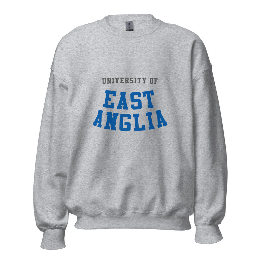 Unisex heather gray sweatshirt featuring University of East Anglia logo printed across the front chest