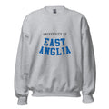 Unisex heather gray sweatshirt featuring University of East Anglia logo printed across the front chest