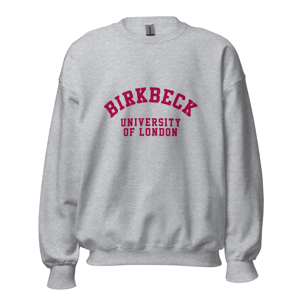 Unisex heather gray sweatshirt featuring Birkbeck, University of London logo printed across the front chest