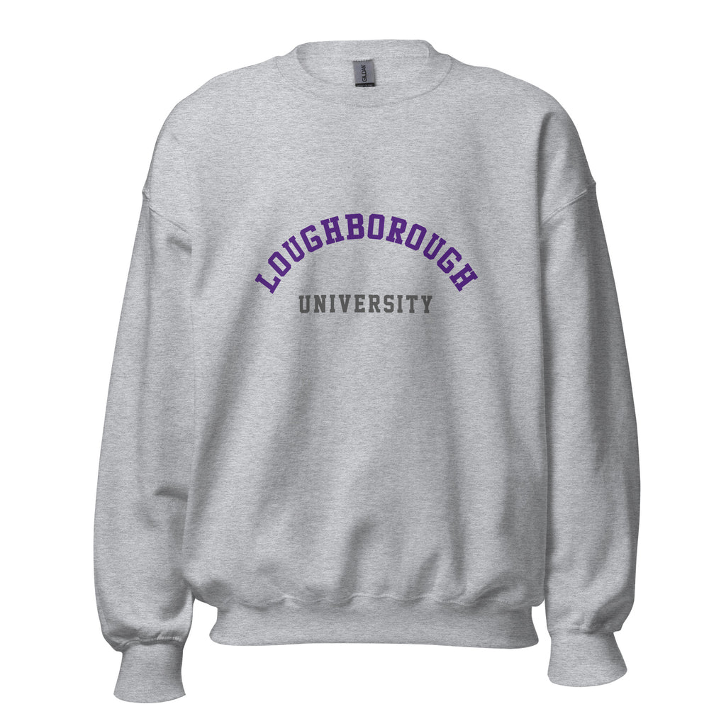 Unisex heather gray sweatshirt featuring Loughborough University logo printed across the front chest