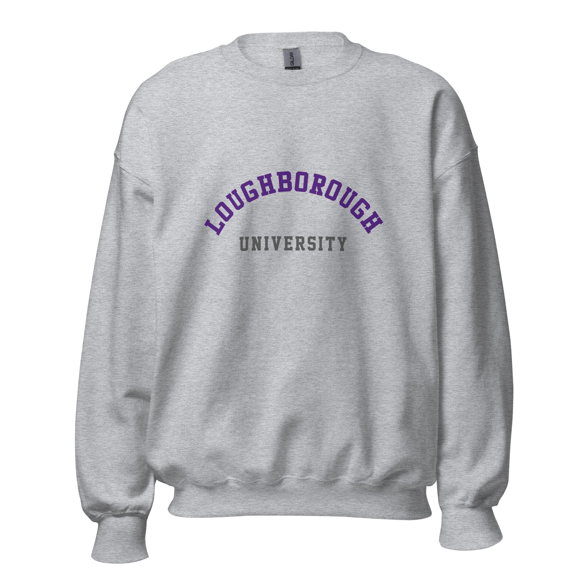 Unisex heather gray sweatshirt featuring Loughborough University logo printed across the front chest