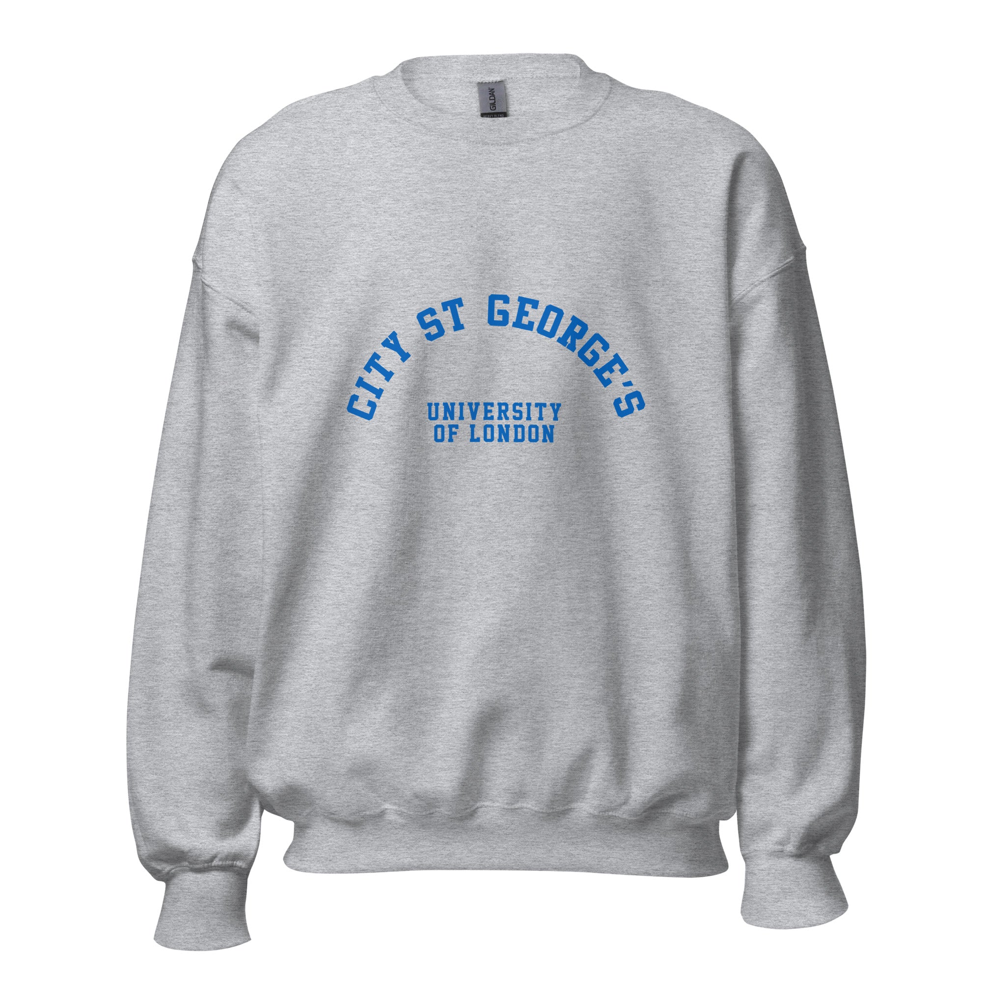 Unisex heather gray sweatshirt featuring St George's, University of London logo printed across the front chest