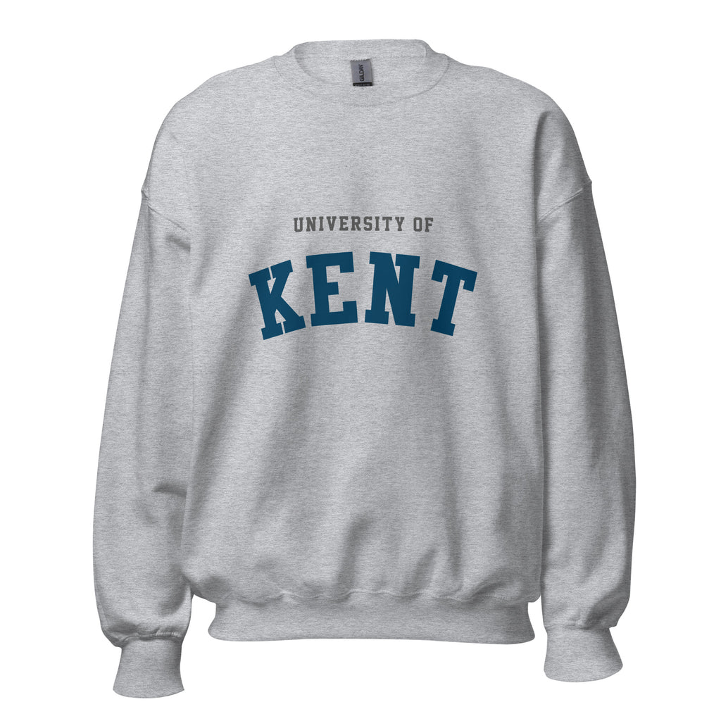 Unisex heather gray sweatshirt featuring University of Kent logo printed across the front chest