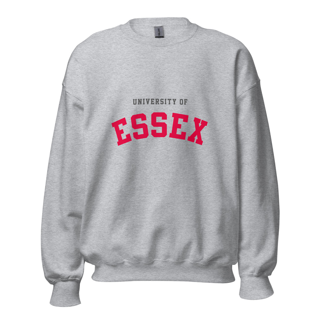 Unisex black sweatshirt featuring University of Essex logo printed across the front chest