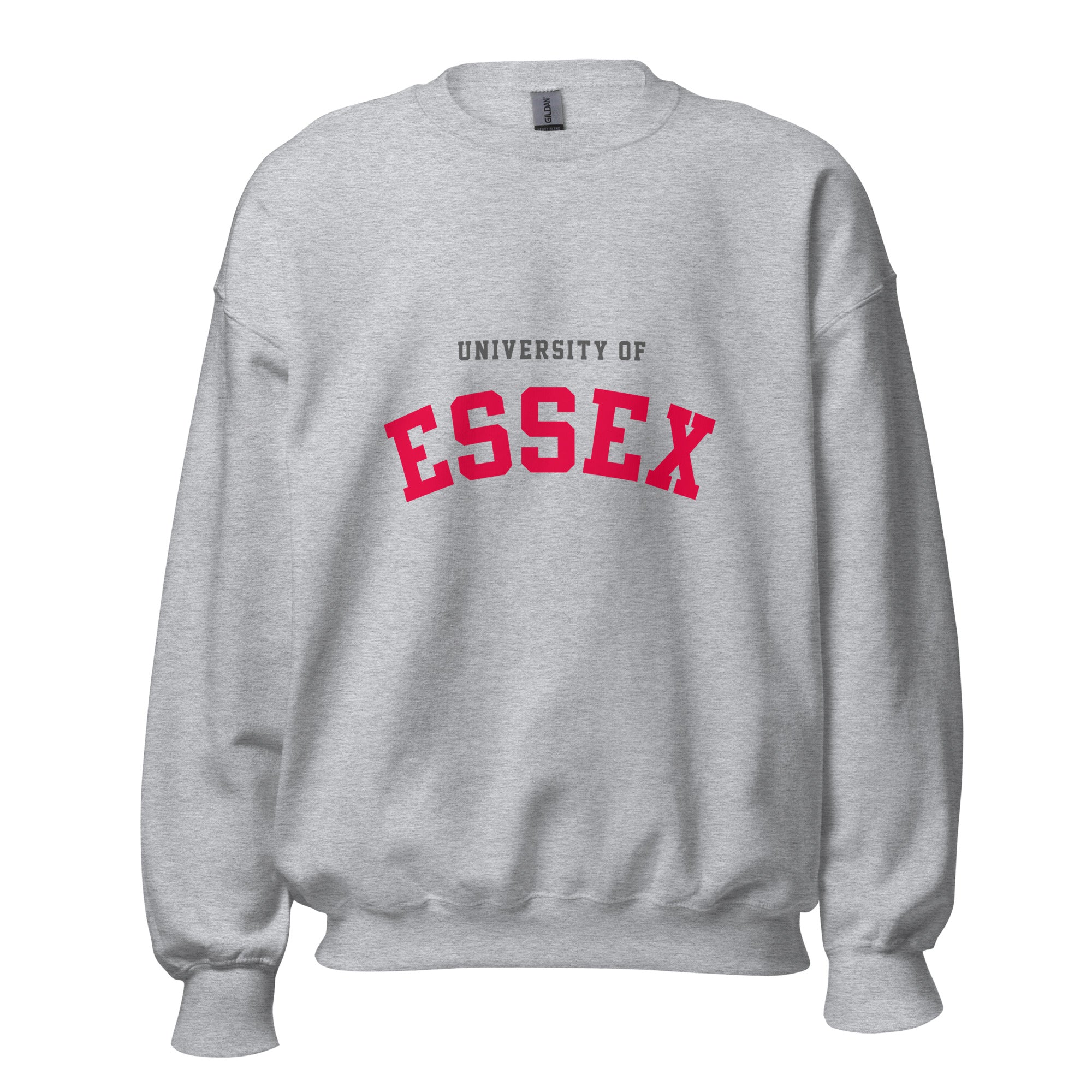 Unisex black sweatshirt featuring University of Essex logo printed across the front chest