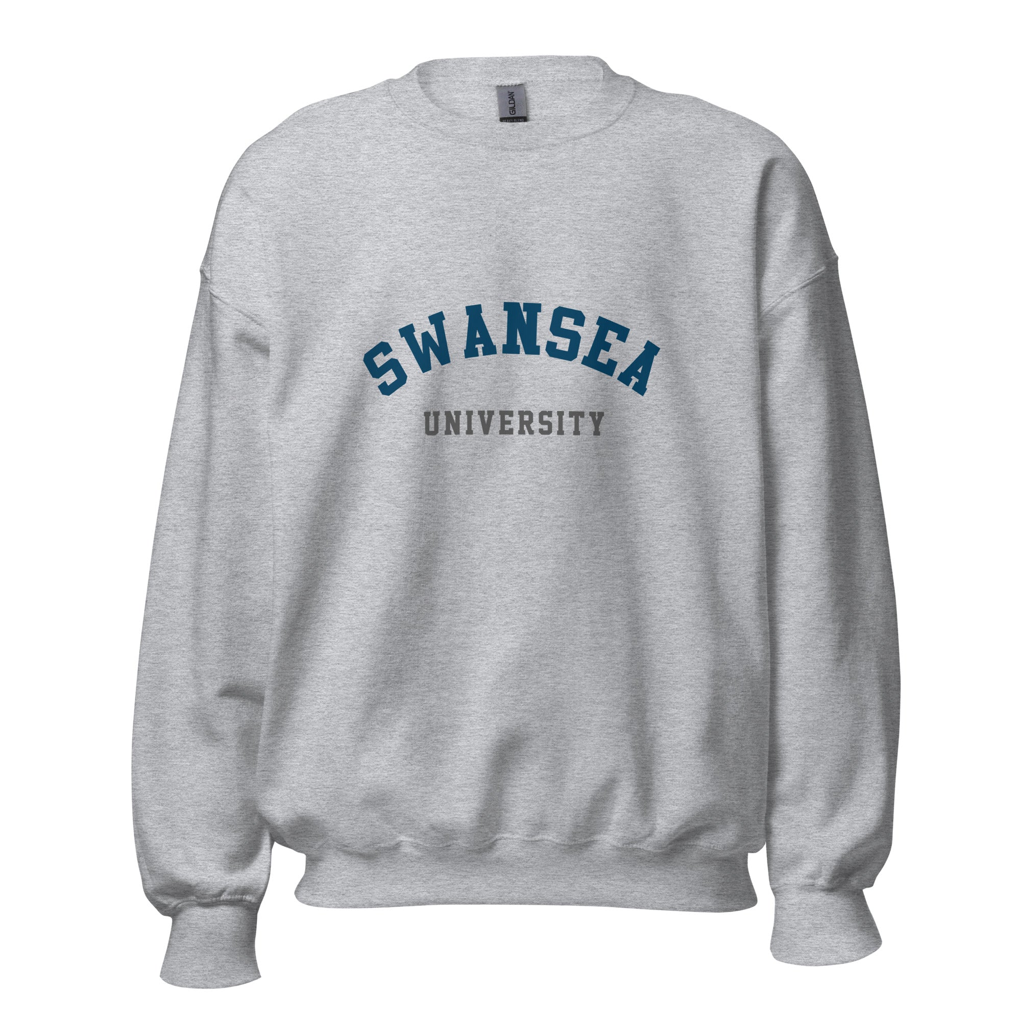 Unisex heather gray sweatshirt featuring Swansea University logo printed across the front chest