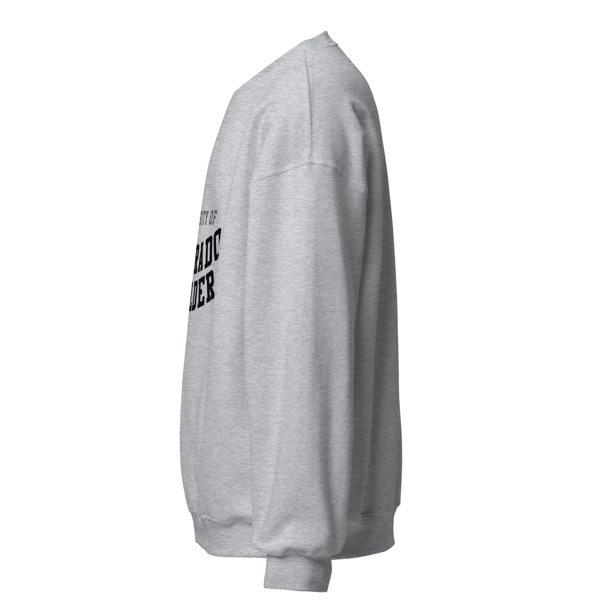 Unisex sweatshirt featuring University of Colorado Boulder name and branding in gold and black