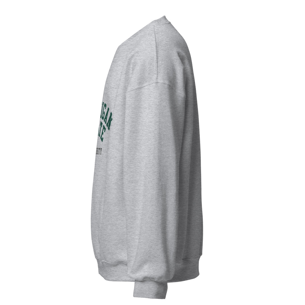 Unisex sweatshirt featuring Michigan State University name and branding in green and white