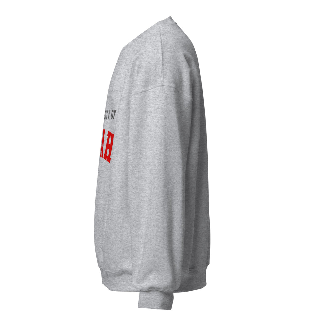 Unisex sweatshirt featuring University of Utah name and branding in crimson and white