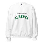 Unisex sweatshirt featuring University of Alberta name and branding in green and gold