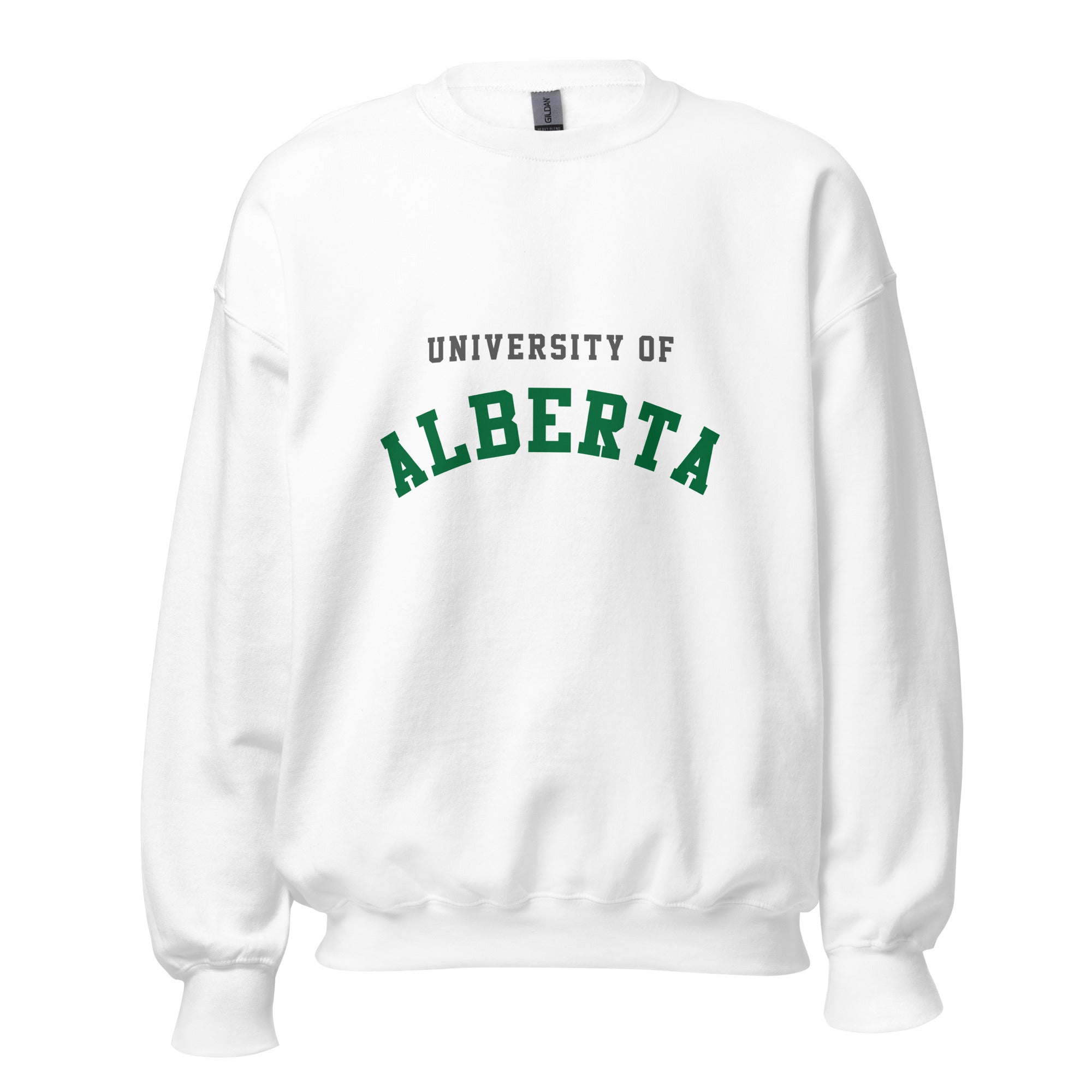 Unisex sweatshirt featuring University of Alberta name and branding in green and gold
