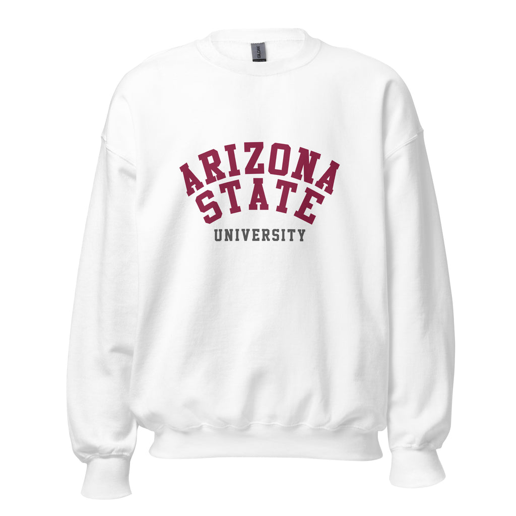 Unisex sweatshirt featuring Arizona State University name and branding in maroon and gold