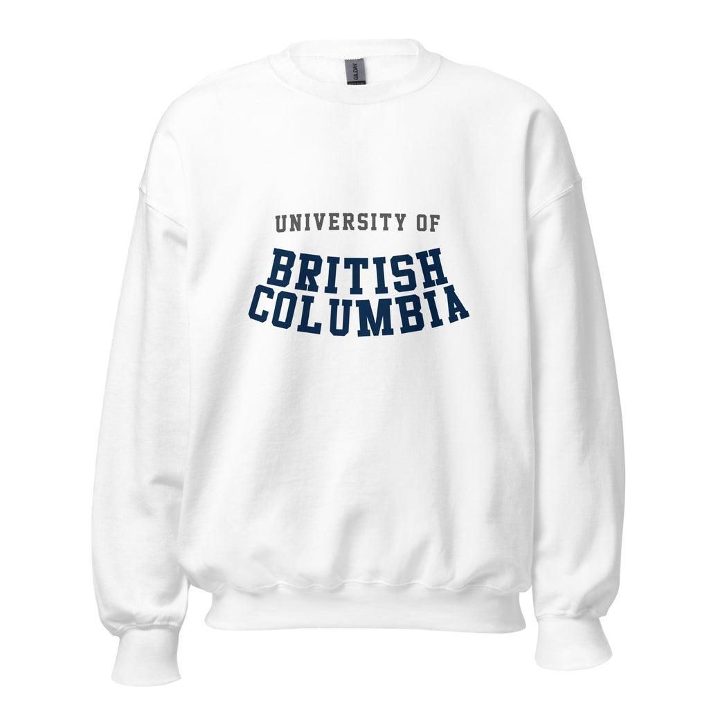 Unisex sweatshirt featuring University of British Columbia name and branding in blue and gold