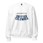 Unisex sweatshirt featuring University of British Columbia name and branding in blue and gold