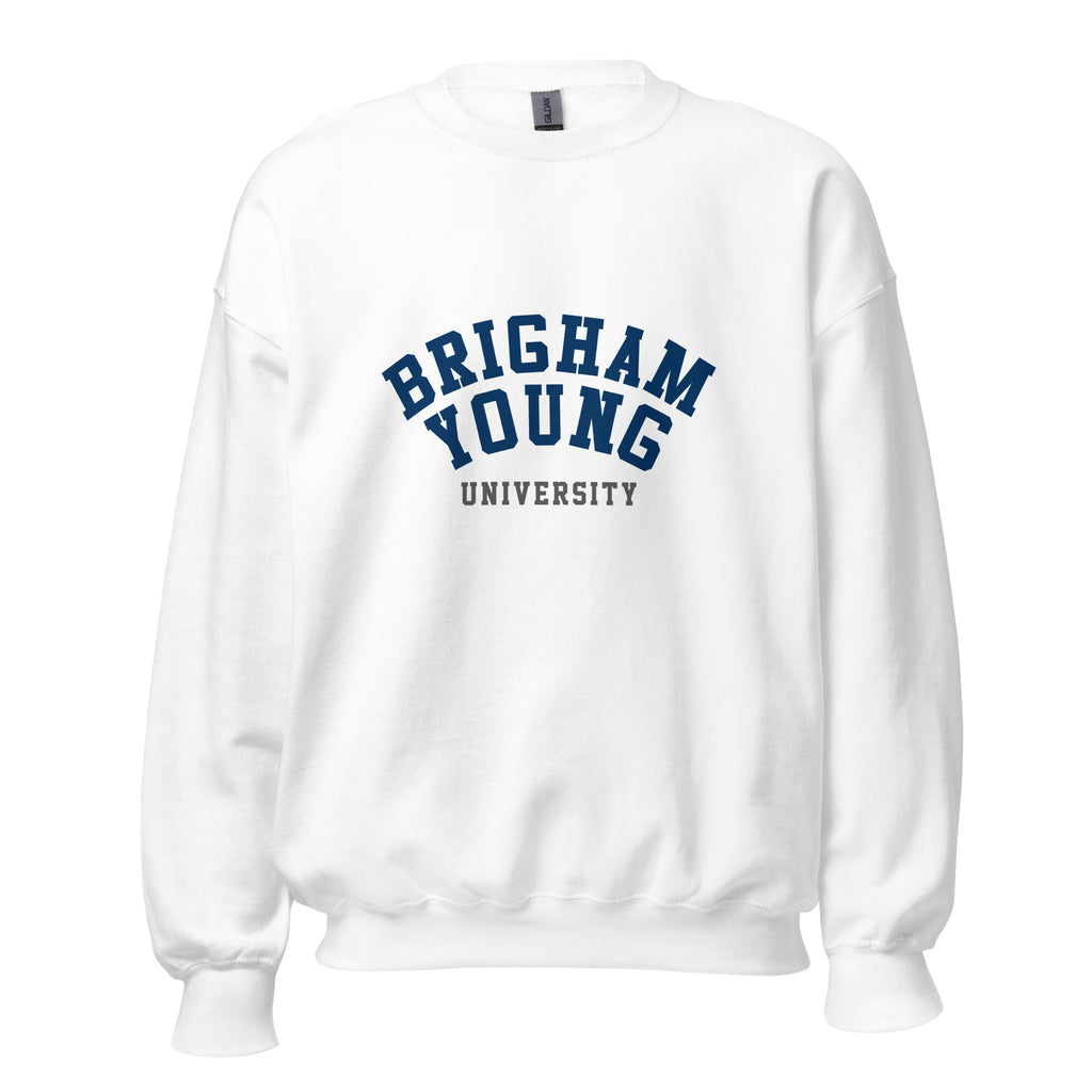 Unisex sweatshirt featuring Brigham Young University name and branding in navy and white